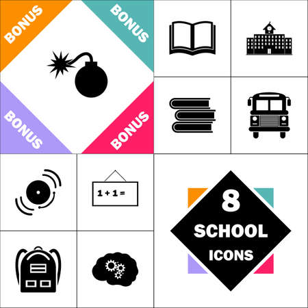 Bomb Icon and Set Perfect Back to School pictogram. Contains such Icons as Schoolbook, School  Building, School Bus, Textbooks, Bell, Blackboard, Student Backpack, Brain Learnのイラスト素材