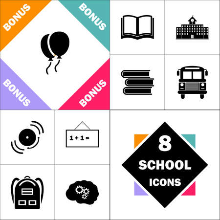 balloons Icon and Set Perfect Back to School pictogram. Contains such Icons as Schoolbook, School  Building, School Bus, Textbooks, Bell, Blackboard, Student Backpack, Brain Learnのイラスト素材