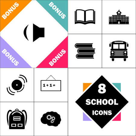 Speaker Icon and Set Perfect Back to School pictogram. Contains such Icons as Schoolbook, School  Building, School Bus, Textbooks, Bell, Blackboard, Student Backpack, Brain Learnのイラスト素材