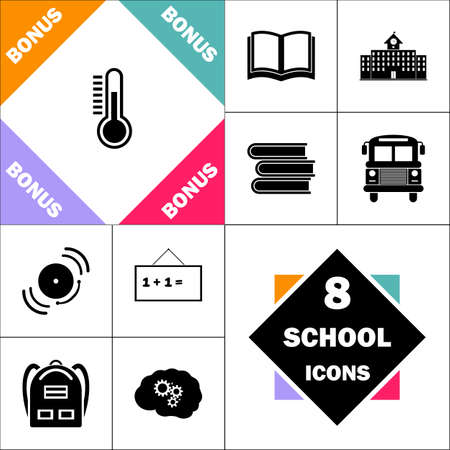 temperature meter Icon and Set Perfect Back to School pictogram. Contains such Icons as Schoolbook, School  Building, School Bus, Textbooks, Bell, Blackboard, Student Backpack, Brain Learnのイラスト素材