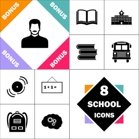 mustached man Icon and Set Perfect Back to School pictogram. Contains such Icons as Schoolbook, School  Building, School Bus, Textbooks, Bell, Blackboard, Student Backpack, Brain Learnのイラスト素材