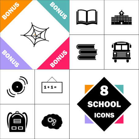 Spiderweb Icon and Set Perfect Back to School pictogram. Contains such Icons as Schoolbook, School  Building, School Bus, Textbooks, Bell, Blackboard, Student Backpack, Brain Learnのイラスト素材