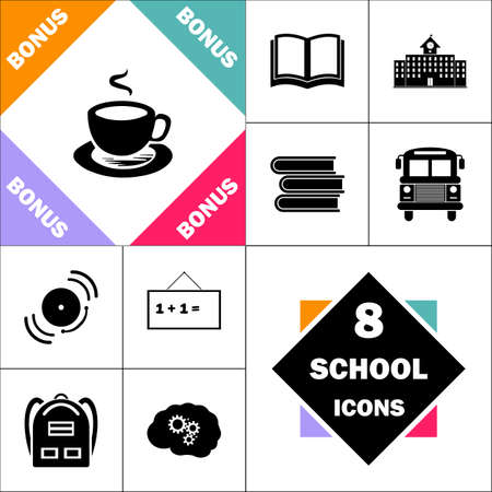 Hot coffe Icon and Set Perfect Back to School pictogram. Contains such Icons as Schoolbook, School  Building, School Bus, Textbooks, Bell, Blackboard, Student Backpack, Brain Learnのイラスト素材
