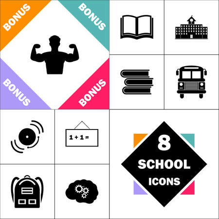 Bodybuilder Icon and Set Perfect Back to School pictogram. Contains such Icons as Schoolbook, School  Building, School Bus, Textbooks, Bell, Blackboard, Student Backpack, Brain Learnのイラスト素材
