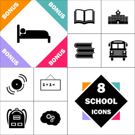 bed Icon and Set Perfect Back to School pictogram. Contains such Icons as Schoolbook, School  Building, School Bus, Textbooks, Bell, Blackboard, Student Backpack, Brain Learnのイラスト素材