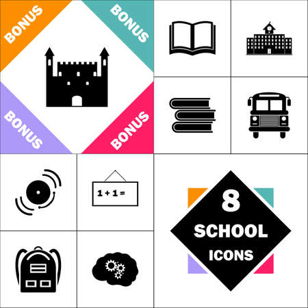 Castle Icon and Set Perfect Back to School pictogram. Contains such Icons as Schoolbook, School  Building, School Bus, Textbooks, Bell, Blackboard, Student Backpack, Brain Learnのイラスト素材
