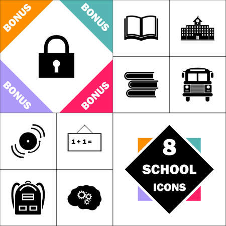 lock pad Icon and Set Perfect Back to School pictogram. Contains such Icons as Schoolbook, School  Building, School Bus, Textbooks, Bell, Blackboard, Student Backpack, Brain Learnのイラスト素材