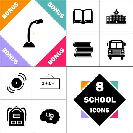 PC speaker Icon and Set Perfect Back to School pictogram. Contains such Icons as Schoolbook, School  Building, School Bus, Textbooks, Bell, Blackboard, Student Backpack, Brain Learnのイラスト素材