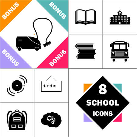 hoover Icon and Set Perfect Back to School pictogram. Contains such Icons as Schoolbook, School  Building, School Bus, Textbooks, Bell, Blackboard, Student Backpack, Brain Learnのイラスト素材