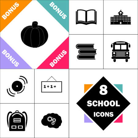 Pumpkin Icon and Set Perfect Back to School pictogram. Contains such Icons as Schoolbook, School  Building, School Bus, Textbooks, Bell, Blackboard, Student Backpack, Brain Learnのイラスト素材