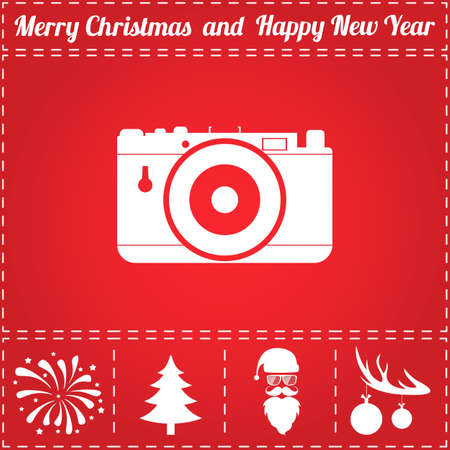 Photo camera Icon Vector. And bonus symbol for New Year - Santa Claus, Christmas Tree, Firework, Balls on deer antlersのイラスト素材