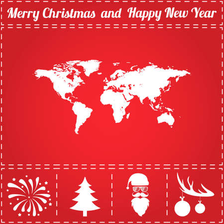 World map Icon Vector. And bonus symbol for New Year - Santa Claus, Christmas Tree, Firework, Balls on deer antlersのイラスト素材
