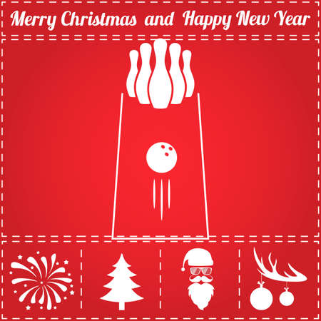 Bowling Icon Vector. And bonus symbol for New Year - Santa Claus, Christmas Tree, Firework, Balls on deer antlersのイラスト素材