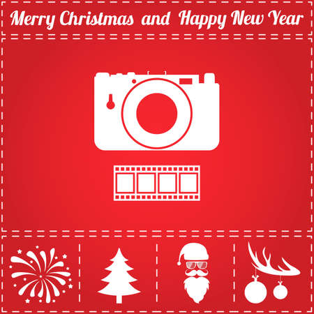 Camera Icon Vector. And bonus symbol for New Year - Santa Claus, Christmas Tree, Firework, Balls on deer antlersのイラスト素材