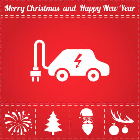Electric car Icon Vector. And bonus symbol for New Year - Santa Claus, Christmas Tree, Firework, Balls on deer antlersのイラスト素材