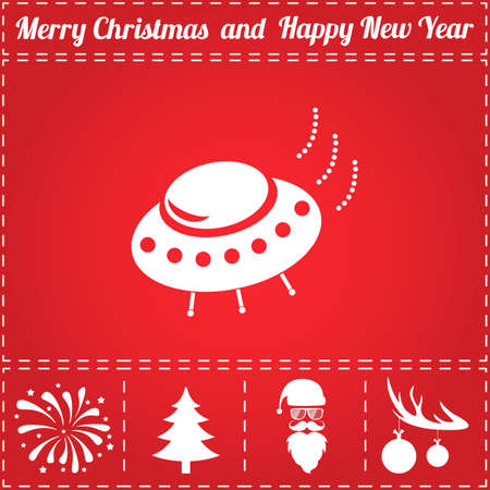 UFO Icon Vector. And bonus symbol for New Year - Santa Claus, Christmas Tree, Firework, Balls on deer antlersのイラスト素材
