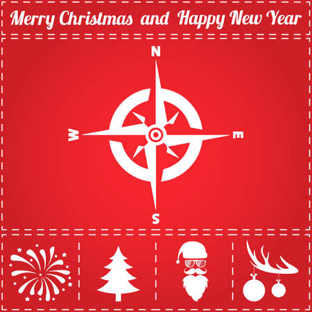 Compass Icon Vector. And bonus symbol for New Year - Santa Claus, Christmas Tree, Firework, Balls on deer antlersのイラスト素材