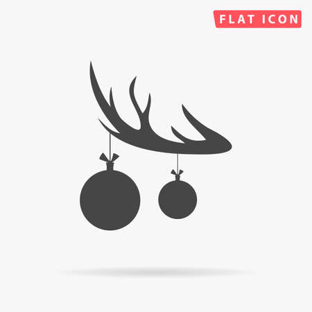 Black silhouette of deer horn with antlers and with christmas tree toy balls on horns. vector flat icon isolated on white background. Christmas card.の写真素材