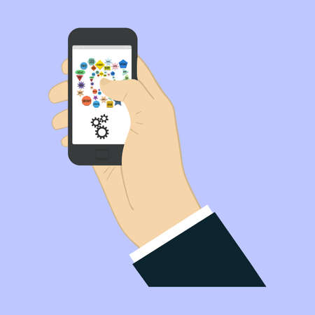 Touch screen finger - creative vector illustration in flat style. Human hand of surface display. SEO - search engine optimization. Icons set. Design element.の写真素材