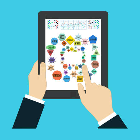 Touch screen finger - creative vector illustration in flat style. Human hand of surface display. SEO - search engine optimization. Icons set. Design element.の写真素材