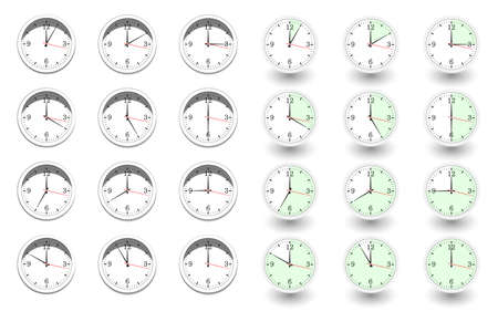 Set of clocks for every hour on white background. Vector illustration in flat style with shadowのイラスト素材
