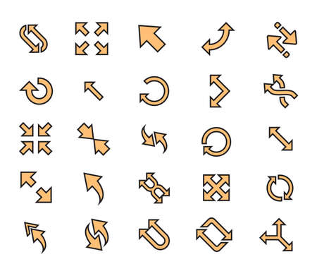 Vector set of outline useful arrows. Collection line arrow with elegant style and yellow color. Flat illustration sign.のイラスト素材