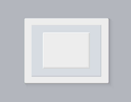 Realistic empty modern white horizontal picture frame isolated on grey background. Vector glass photo frame for wall, interior artwork design. A4 vintage photo frame mockup template - illustrationのイラスト素材