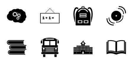 Back to School icon set. Education icons contains School Building, Open Book, Textbooks, Backpack, Bus, Bell, Blackboard, Brain. Black symbol on white background. Simple Flat Vector Illustration signsのイラスト素材