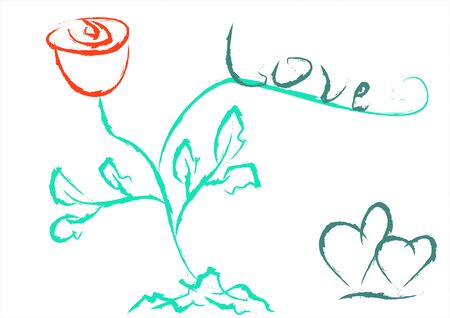 Word love, a red rose and two hearts. Valentine's Day.の写真素材