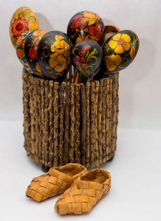 spoons wooden carved painted with paint handmade souvenir from Russiaの写真素材