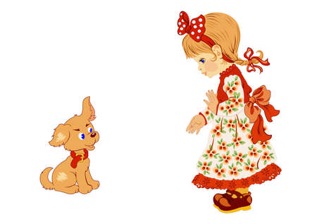 The girl plays with a small dog. Vector image isolated on white background.のイラスト素材