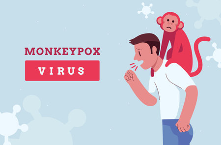 Monkeypox virus. Coughing man with a monkey on his shoulders. Vector flat illustrationのイラスト素材