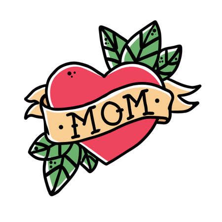 Tattoo Heart with ribbon and the word mom. Old school retro vector illustration.のイラスト素材