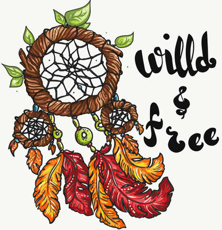 Abstract tribal design frame on white background. Hand drawn brush stroke typographic. illustration of dream catcher, native american posterのイラスト素材
