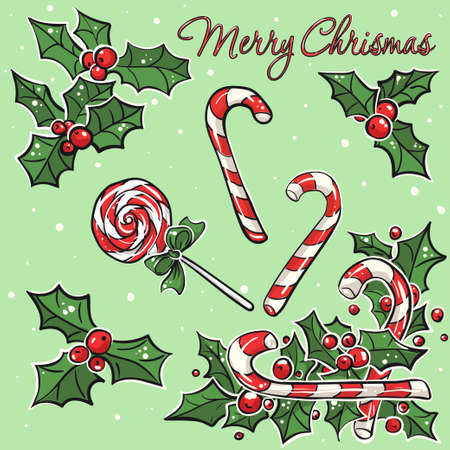 Hand drawn Christmas and New Year set of objects. Peppermint candy, traditional Christmas holly. The leaves and red berries Handwritten inscriptionsのイラスト素材