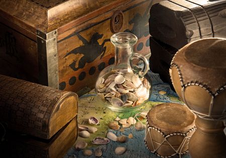 marine still life with sea shells and chestsの写真素材