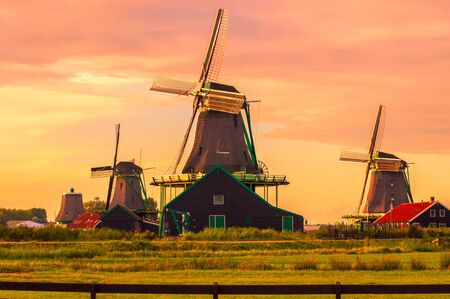 Fantastic view on windmills in Zaanse Schans near Amsterdamの写真素材