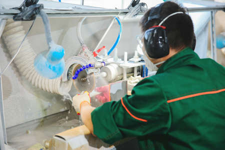Processing of jade. industrial jewelry manufacturing. Sacred stone of Chinaの写真素材