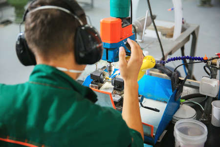 Processing of jade. industrial jewelry manufacturing. Sacred stone of Chinaの写真素材