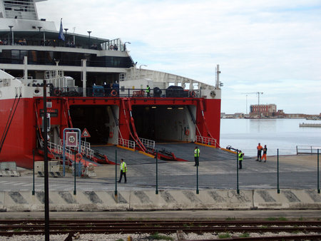 View of the harbor in the Italian city of Ancona. In the foreground is a sea ferry before departureの写真素材