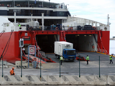 View of the harbor in the Italian city of Ancona. In the foreground is a sea ferry before departureの写真素材