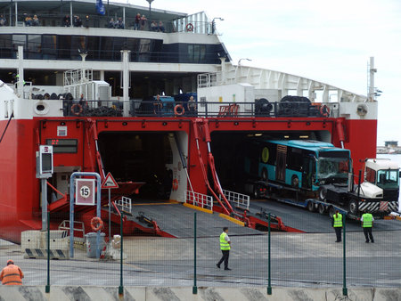 View of the harbor in the Italian city of Ancona. In the foreground is a sea ferry before departureの写真素材