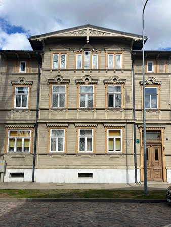 Wooden architecture, the building was built in an eclectic style. Beginning of the 20th century, Liepaja, Latvia, Europeの写真素材