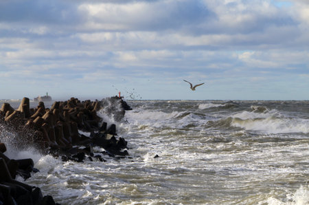 Stormy Baltic Sea at the port pier, Europe, Latvia, Liepajaの写真素材