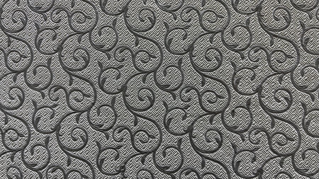 Embossed ornamental pattern with swirling floral motifs on a textured metallic surface, featuring...