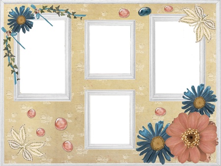 Bright frame with butterflies and flowers for four photosの写真素材