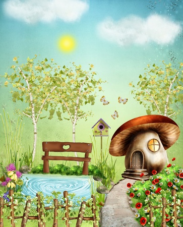 Fairy Garden - Colorful illustration with a pond, grass, sun and flowersの写真素材