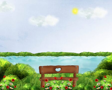 A colorful illustration of the river, sun, clouds and grassの写真素材