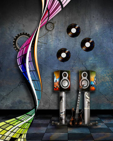  Music poster with speakers and guitarの写真素材