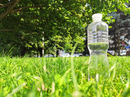 Plastic water bottle stands on green grassの写真素材